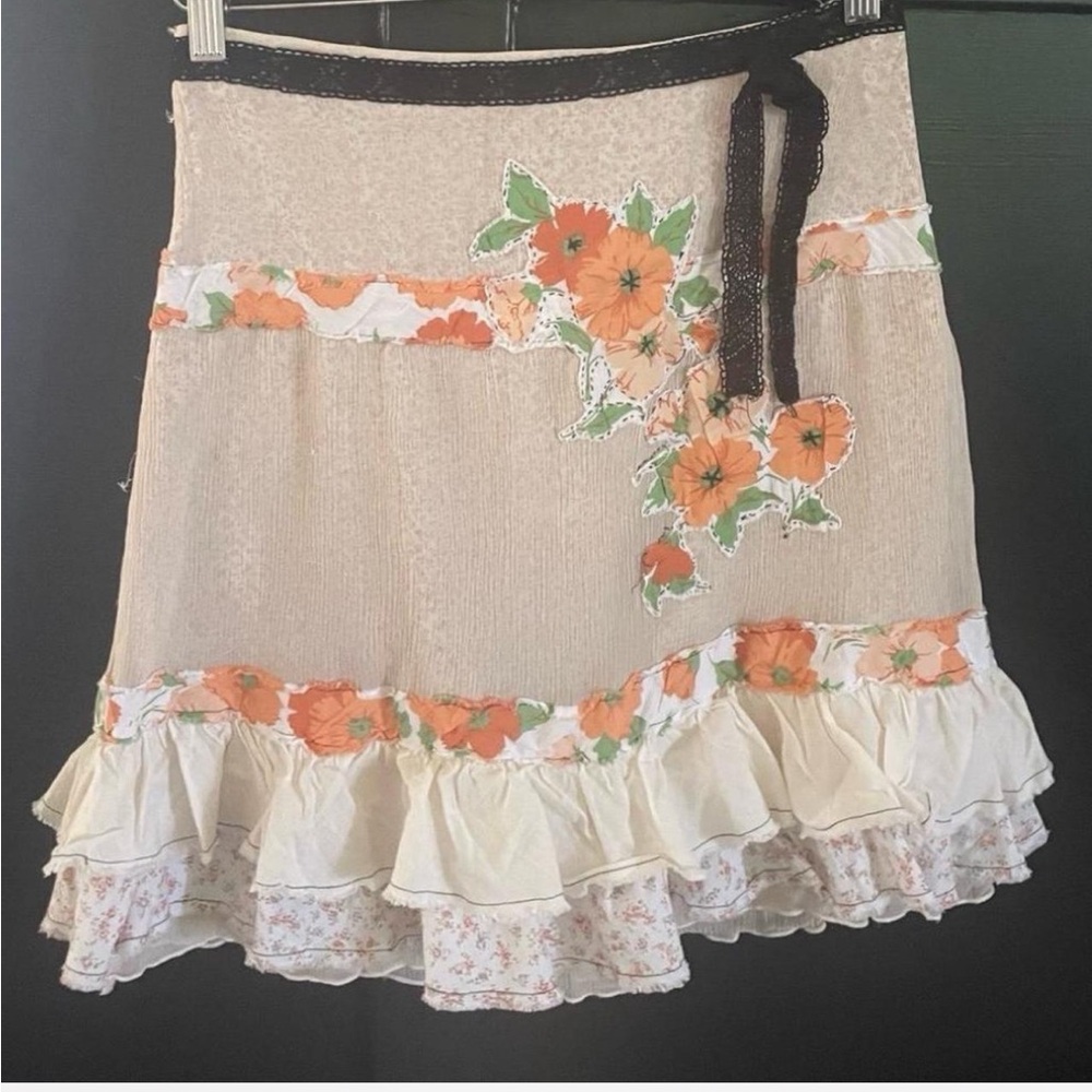 Rare Vintage Free People Cream Skater Mini Skirt with Ruffled Silk